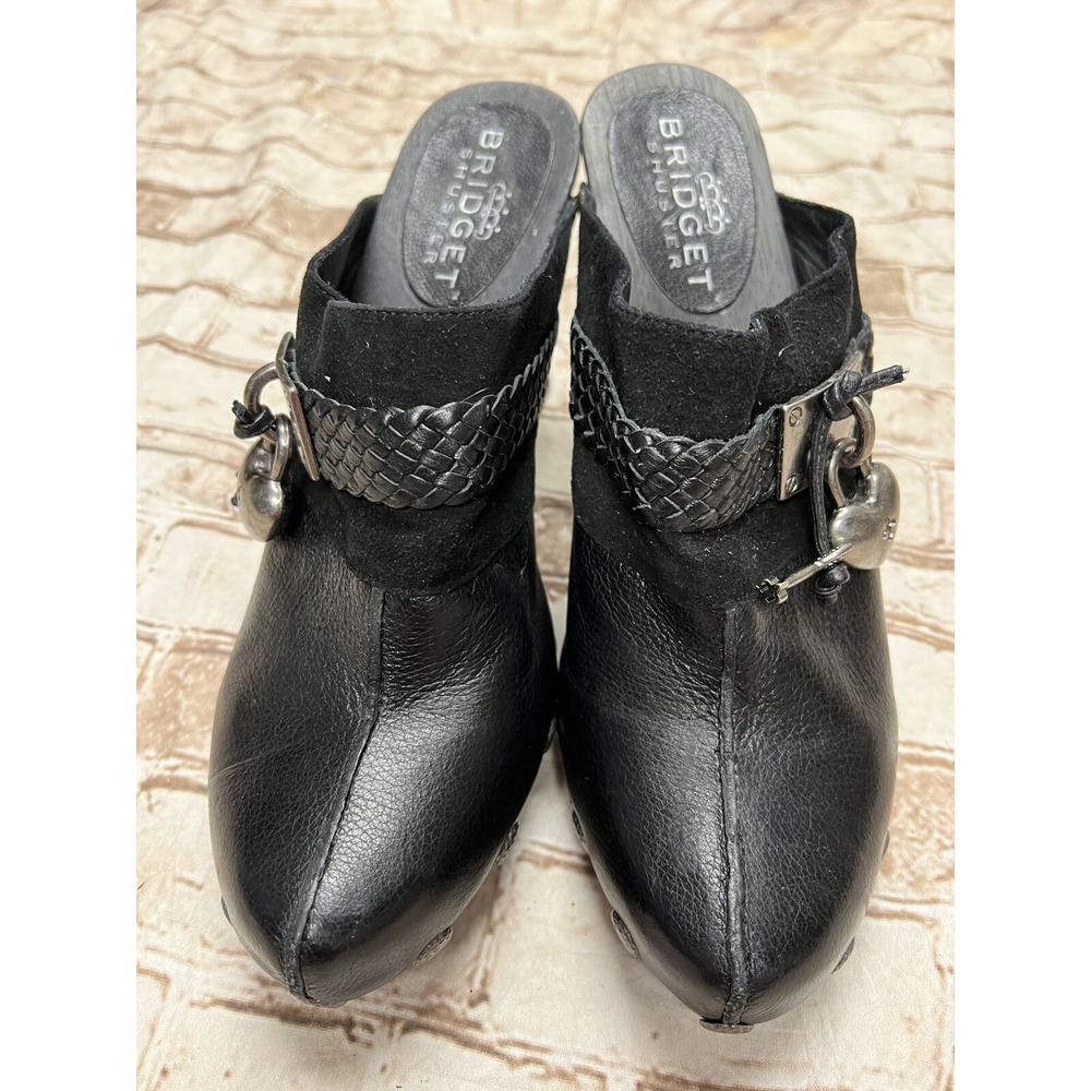 BRIDGET SHUSTER 10 Shoes SASSY‎ BLACK LEATHER MULE HEELS Lock Heart Clogs